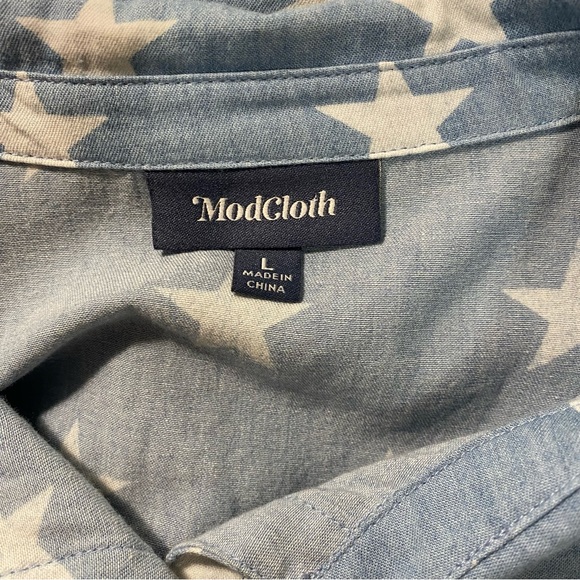 ModCloth Blue Cotton Chambray Star Print Long-Sleeve Button Shirt - Picture 9 of 15